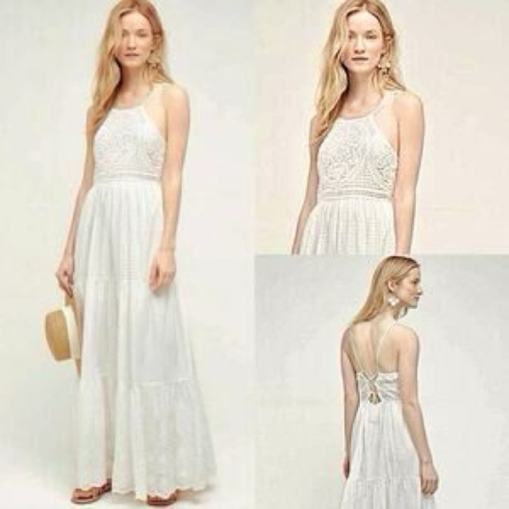 Anthropologie HD In Paris Midsummer Maxi White Crochet Halter Maxi Dress size S